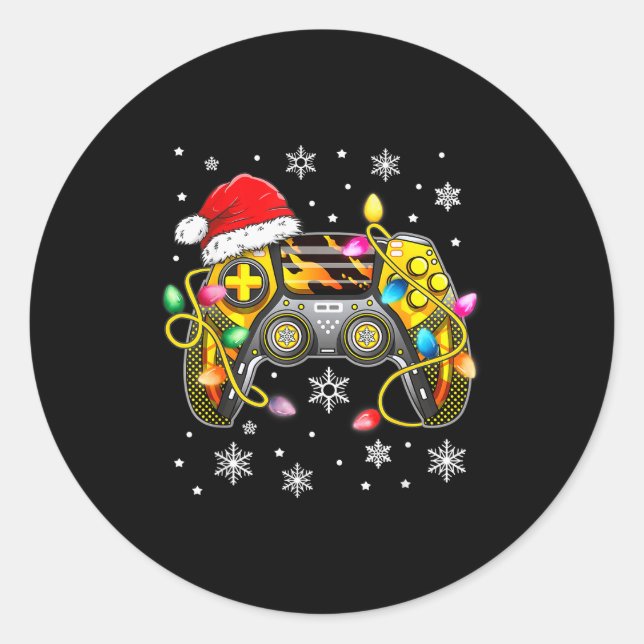 Sticker Rond Video Game Controller Christmas Santa Hat Gamer Bo (Devant)