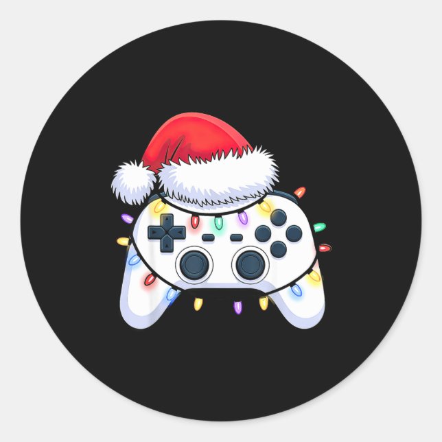 Sticker Rond Video Game Controller Christmas Santa Hat Gamer Bo (Devant)