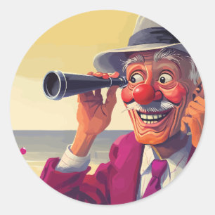 Sticker Rond Vieil Homme avec Lunette d'Approche sur la Plage,