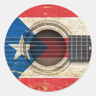 Sticker Rond Vieille guitare acoustique avec drapeau Porto Rico
