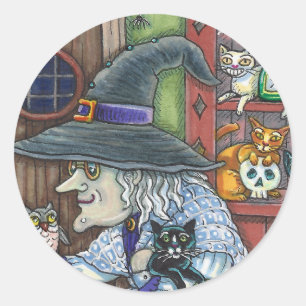 STICKER ROND VIEILLE WITCH HAPPY HOME, BEAUCOUP DE CHATS & OWL