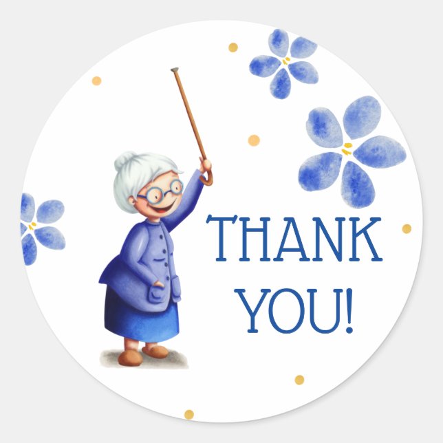 Sticker Rond Vielle femme florale bleue avec canne merci (Devant)