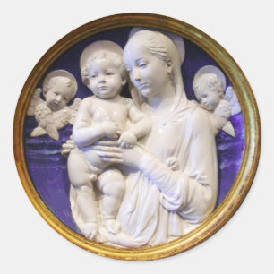Sticker Rond VIERGE AVEC ENFANT ET ANGELS, Noël Blanc Bleu