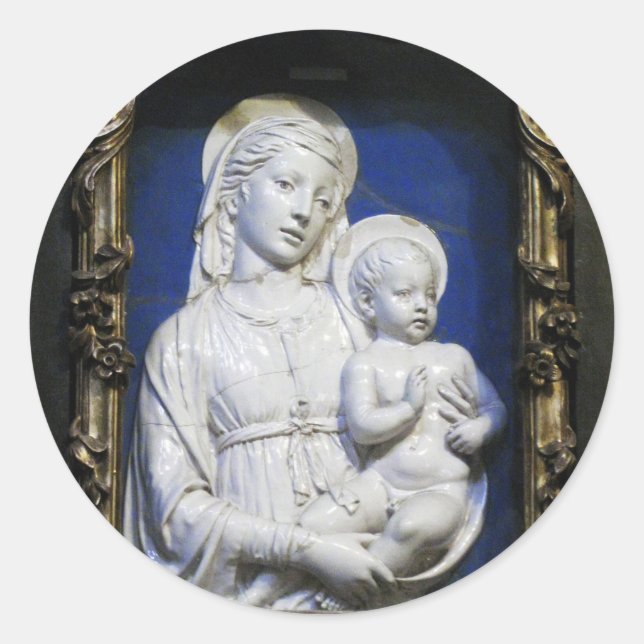 Sticker Rond VIERGE AVEC ENFANT, Noël Blanc Bleu (Devant)