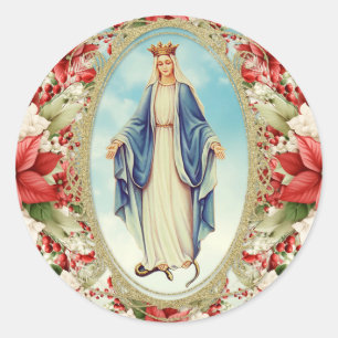 Sticker Rond Vierge catholique de Noël Mary Poinsettias