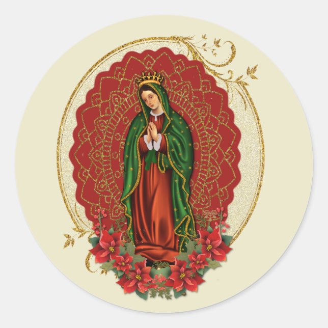 Sticker Rond Vierge Guadalupe Catholique Noël Pointsettia (Devant)
