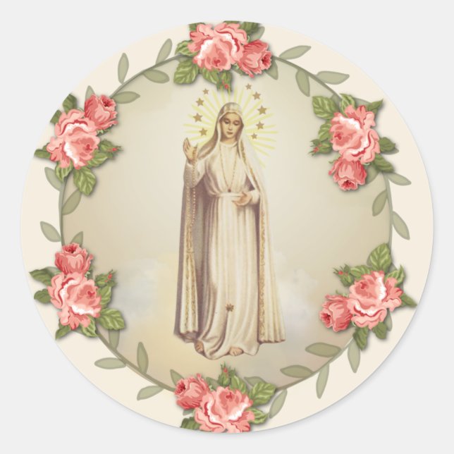 Sticker Rond Vierge religieuse Marie Fatima Roses roses roses (Devant)