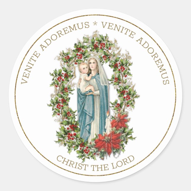 Sticker Rond Vierge religieuse Marie Jésus Poinsettias de Noël (Devant)