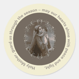 Sticker Rond Vierge vintage et enfant avec cadre argenté