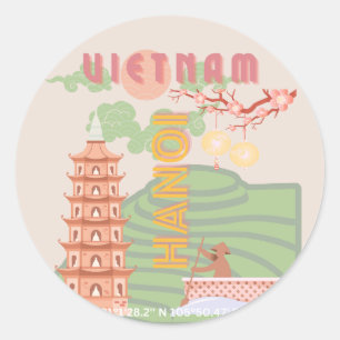 Sticker Rond Vietnam Travel Art, Vintage