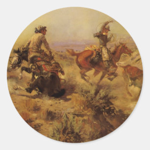 Sticker Rond Vieux Cowboys, Jetés à Terre par CM Russell