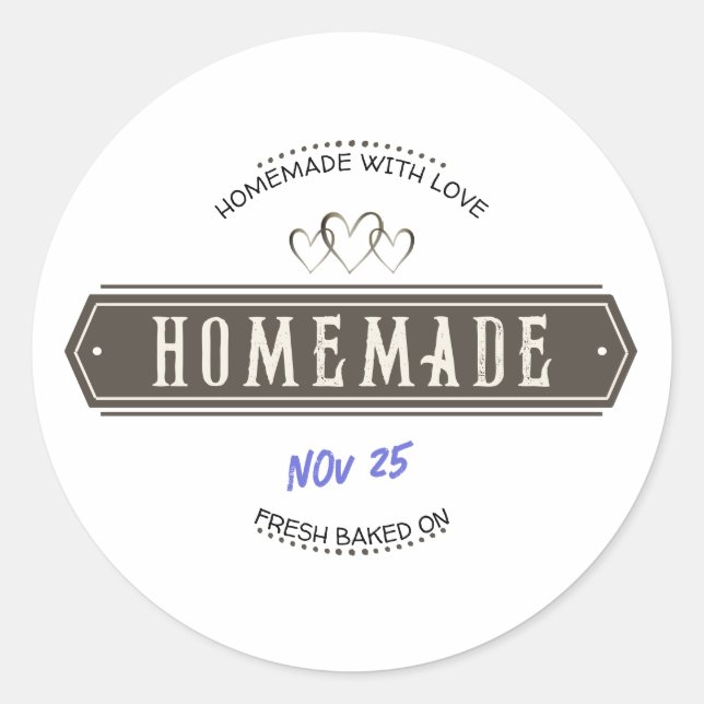 Sticker Rond Vieux Faits Maison Avec Amour Date manuscrite (Devant)