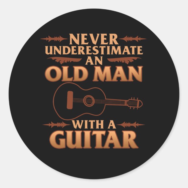 Sticker Rond Vieux Homme Avec Guitare Musique Lecteur Musicien  (Devant)