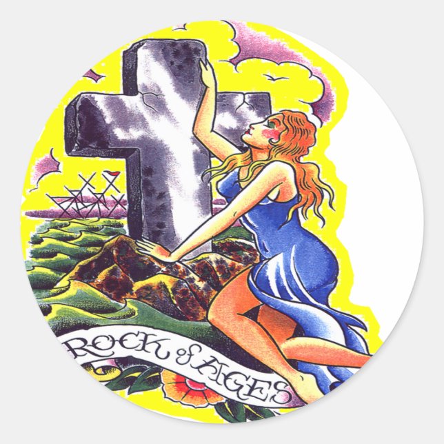 Sticker Rond Vieux Rocher De Tatouage De Skool D'Âges (Devant)
