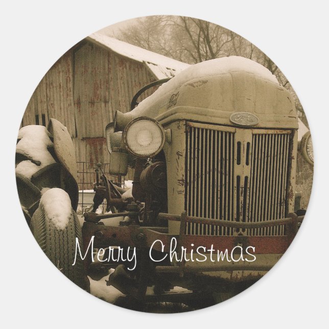 Sticker Rond Vieux tracteur dans l'enveloppe de Noël neige Scea (Devant)