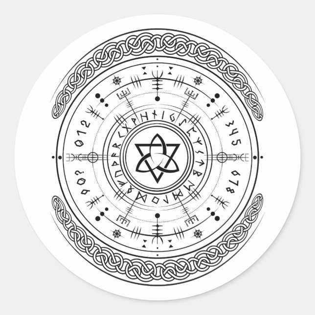 Sticker Rond Viking Pagan Asatru Runic Compass, Runes Vegvisir (Devant)