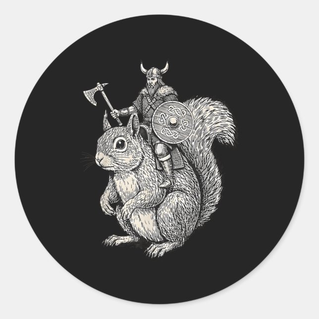 Sticker Rond Viking Riding Squirrel Funny Warrior Art  (Devant)