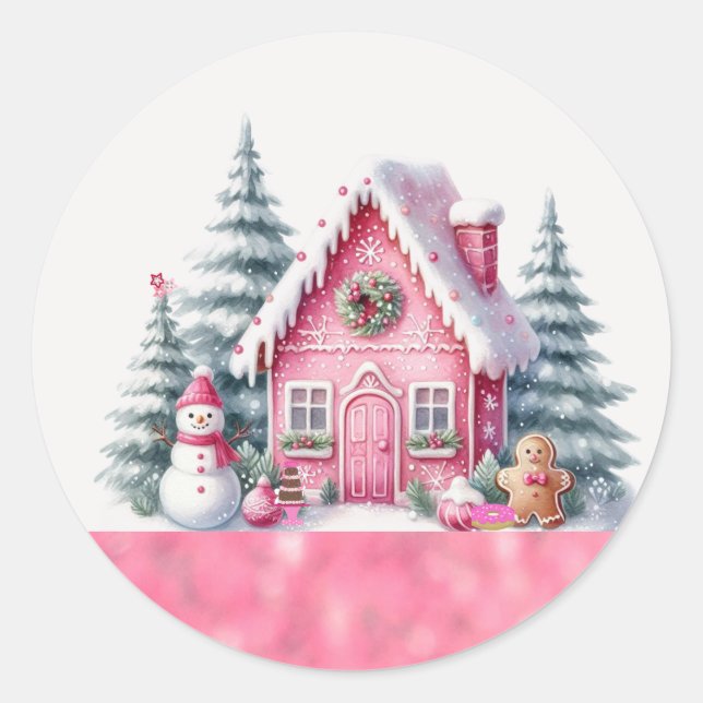 Sticker Rond Village de Noël rose Maison de pain d'épices (Devant)