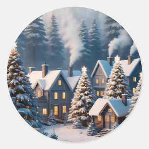 Sticker Rond Village des merveilles de Noël en forêt de nuit