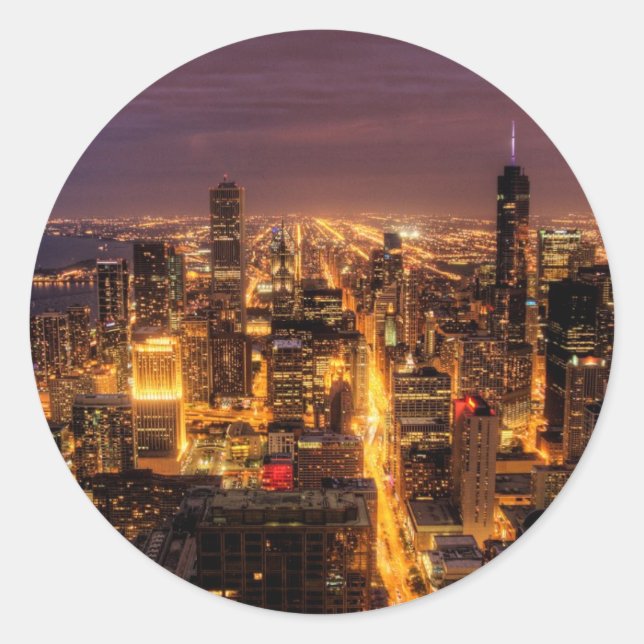 Sticker Rond Ville de nuit de Chicago (Devant)