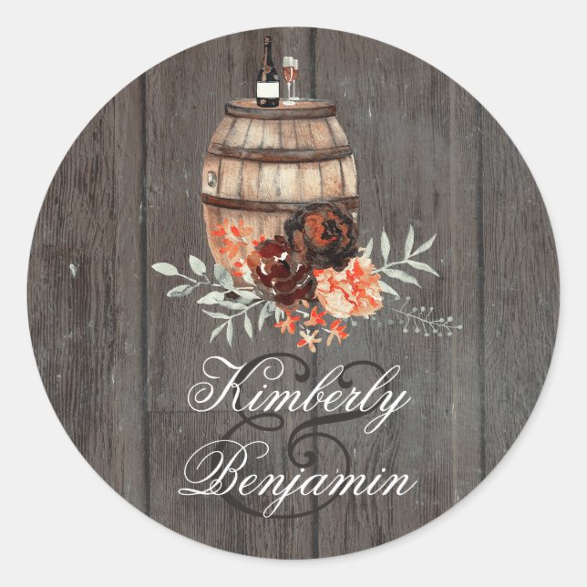 Sticker Rond Vin Baril Rustique Bourgogne Fleurs Mariage (Devant)