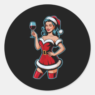 Sticker Rond Vin de Noël Santa Fille Fête de Fêtes Drôle de Vin