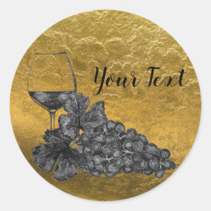 Sticker Rond Vin d'encre Verre raisins Arrière - plan or