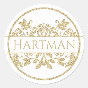 Sticker Rond Vin d'or Floral Damask Emblem Blanc
