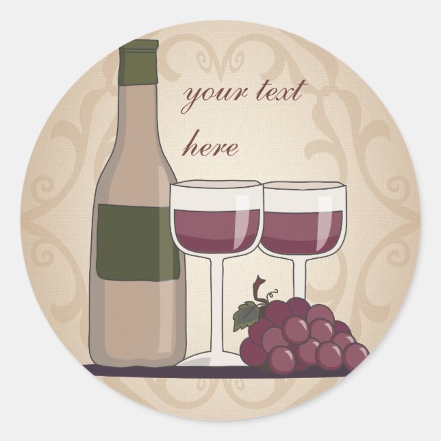 Sticker Rond Vin Lover Rouge Vin Bouteille Verres & Raisins (Devant)