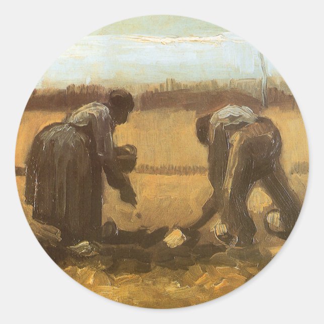 Sticker Rond Vincent van Gogh - Les paysans plantent des pommes (Devant)