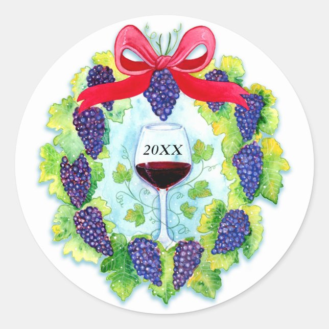 Sticker Rond Vins rouges Vins de Vacances Wreath avec Verre à v (Devant)