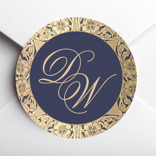 Sticker Rond Vintage 2 Initiales Monogramme Bleu Nuit Roses Dor