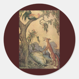 Sticker Rond Vintage Aesop's Fables, Fox, Rooster et le Chien