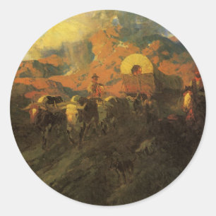 Sticker Rond Vintage American West, Overland Trail par Johnson