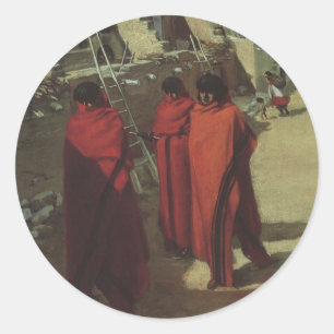 Sticker Rond Vintage amérindien, Hopi Pueblo par Louis Akin