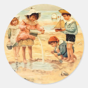 Sticker Rond Vintage Antique Beach Boy Girl Enfants Art