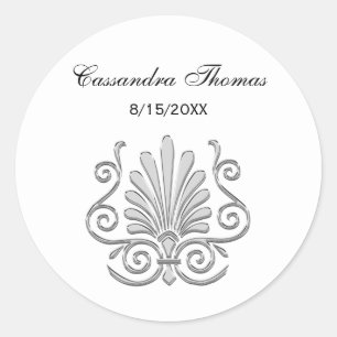 Sticker Rond Vintage Art Déco Argent Plume Arabesque