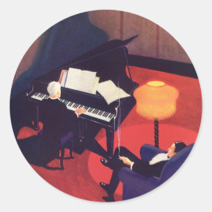Sticker Rond Vintage Art Déco Music Lounge Piano Player Pianist