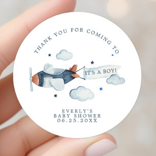 Sticker Rond Vintage Avion Garçon Baby Shower Merci