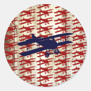 Sticker Rond Vintage Biplane on Barn Wood Aviation