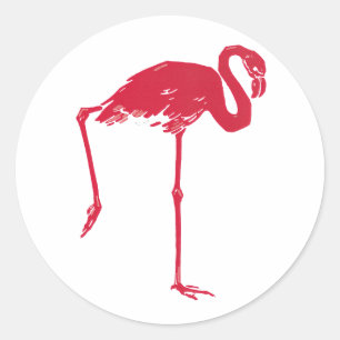 Sticker Rond Vintage Birds, un Flamant rose rose avec une jambe