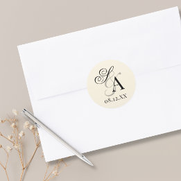 Sticker Rond Vintage Black And Ivory Old Money Monogram Wedding