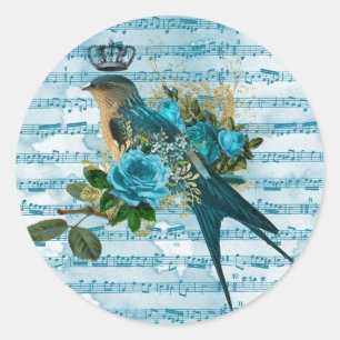 Sticker Rond Vintage Bleu Chanson Bird sur Partition Musique 