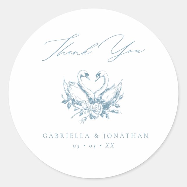 Sticker Rond Vintage Blue Floral Swans Script Wedding Thank You (Devant)
