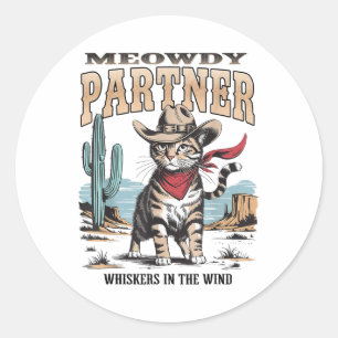 Sticker Rond Vintage Cat Meowdy Partenaire Cowboy Cadeaux Pour 