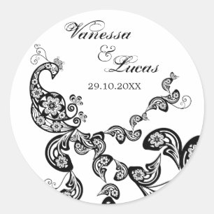 Sticker Rond Vintage Chic Floral Noir Peacock Mariage Bohème