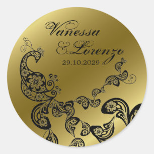 Sticker Rond Vintage Chic Floral Noir Peacock Mariage Bohème