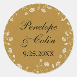 Sticker Rond Vintage Chic Gold Nom Floral Date