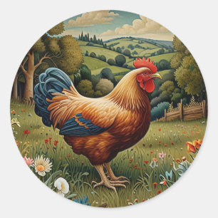 Sticker Rond Vintage chic pâturage de poulet boho paysage