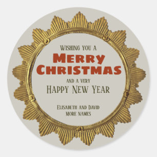 Sticker Rond Vintage Christmas gold star avec texte de vacances